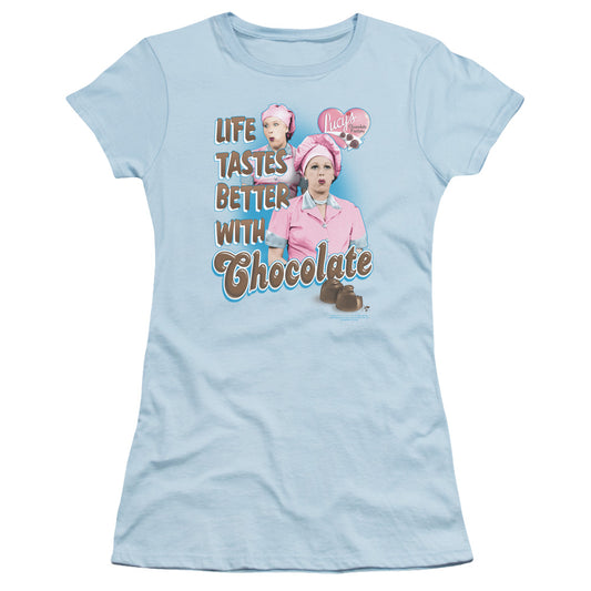 I Love Lucy - Better With Chocolate - Short Sleeve Junior Sheer - Light Blue T-shirt