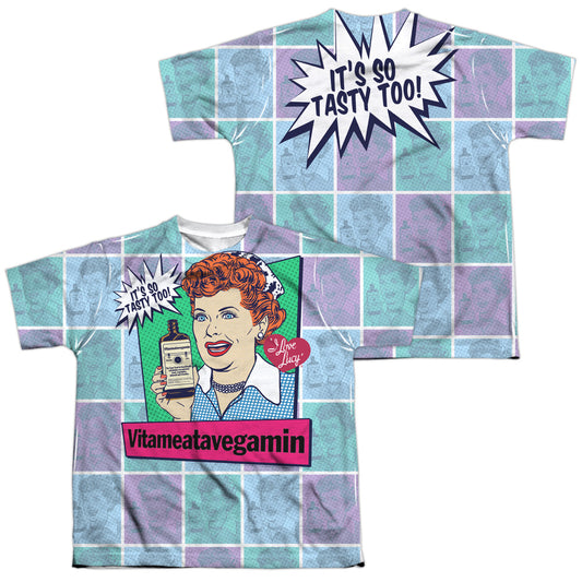 I Love Lucy - All Over Vita Comic (Front/back Print) - Short Sleeve Youth Poly Crew - White T-shirt