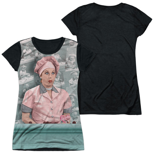 I Love Lucy - Chocolate Belt - Short Sleeve Junior Poly Black Back - White T-shirt