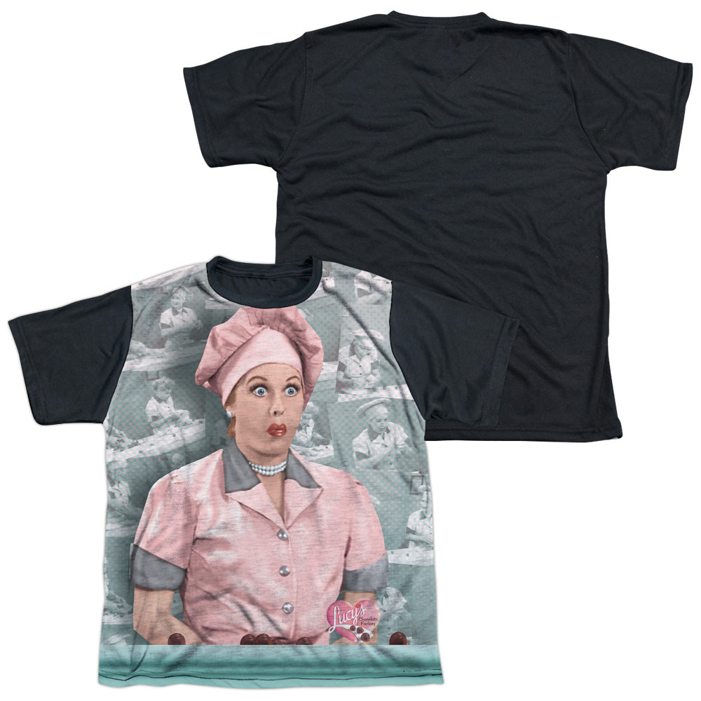 I Love Lucy - Chocolate Belt - Short Sleeve Youth White Front Black Back   - White T-shirt