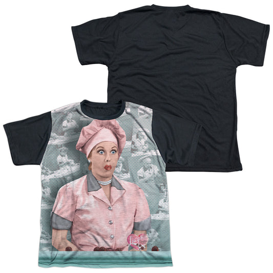 I Love Lucy - Chocolate Belt - Short Sleeve Youth White Front Black Back   - White T-shirt