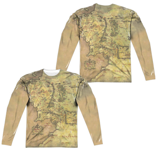 Lord Of The Rings - Middle Earth Map (Front/back Print) - Long Sleeve Adult Poly Crew  - White T-shirt