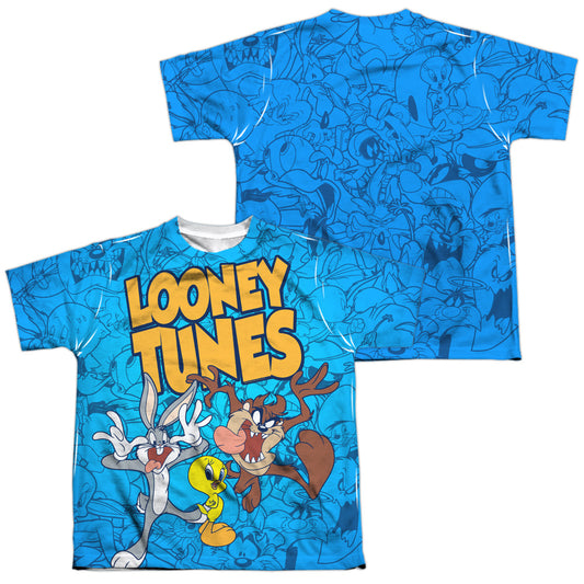 Looney Tunes - Collage Of Characters (Front/back Print) - Short Sleeve Youth Poly Crew - White T-shirt