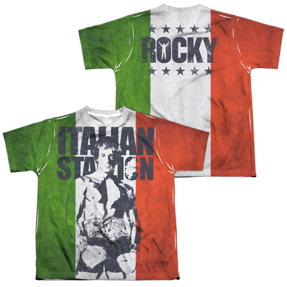 Rocky - Stallion (Front/back Print) - Short Sleeve Youth Poly Crew - White T-shirt