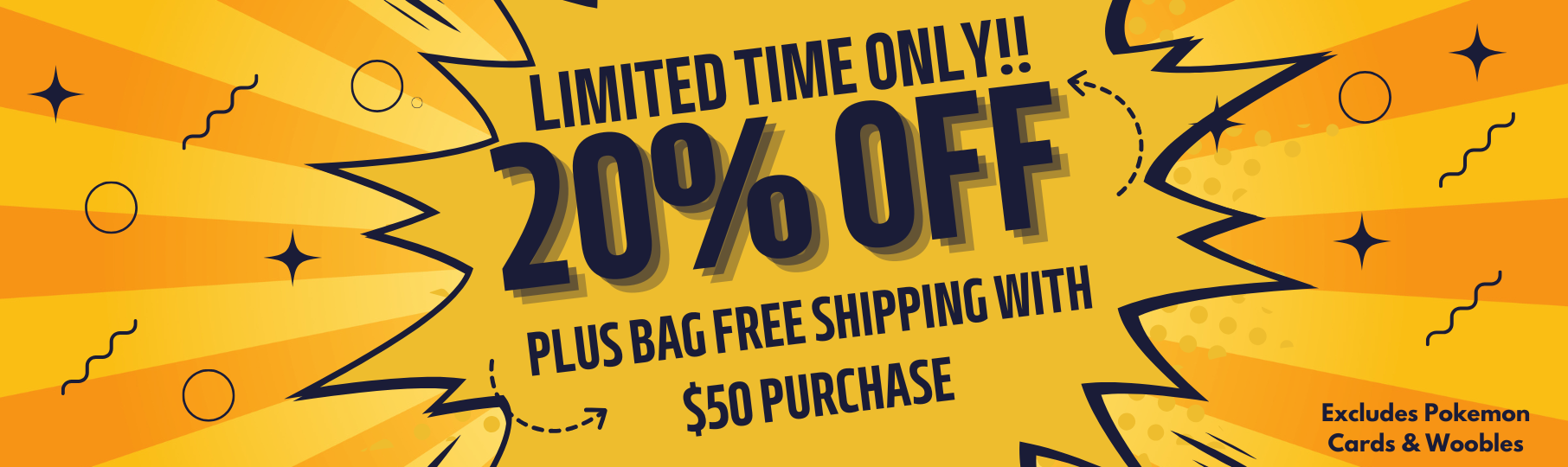 Promotional banner with 20% off and bag free shipping with $50 Purchase offer on a yellow background