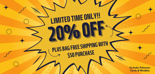 Promotional banner with 20% off and bag free shipping with $50 Purchase offer on a yellow background