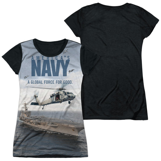 Navy - Over And Under - Short Sleeve Junior Poly Black Back - White T-shirt