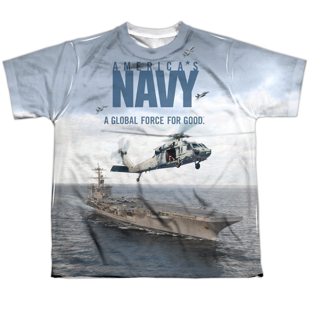 Navy - Over And Under - Short Sleeve Youth Poly Crew - White T-shirt