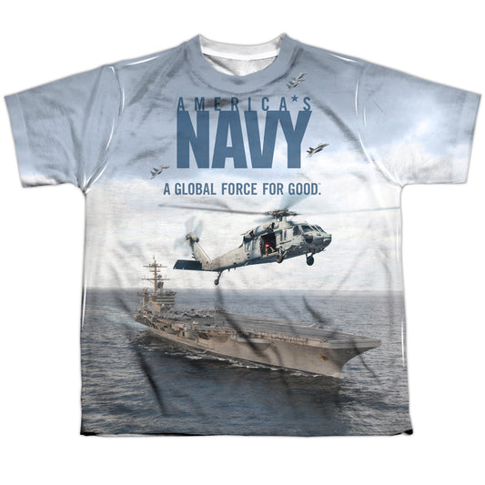 Navy - Over And Under - Short Sleeve Youth Poly Crew - White T-shirt