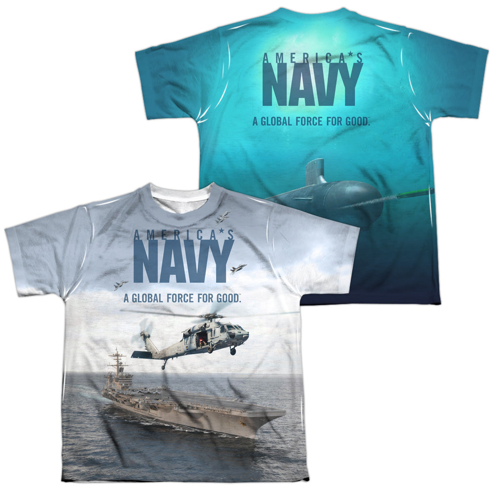 Navy - Over And Under (Front/back Print) - Short Sleeve Youth Poly Crew - White T-shirt