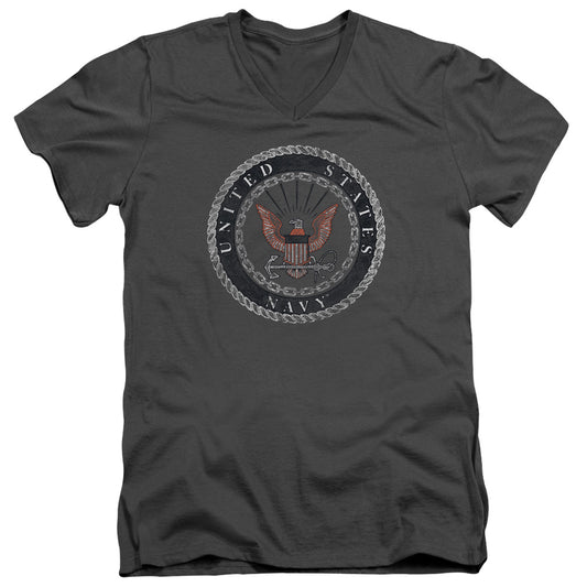 Navy - Rough Emblem - Short Sleeve Adult V-neck 30/1 - Charcoal T-shirt