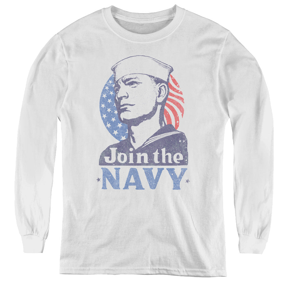 Navy - Join Now - Youth Long Sleeve Tee - White