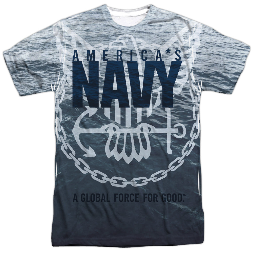 Navy - Force For Good - Short Sleeve Adult Poly Crew - White T-shirt