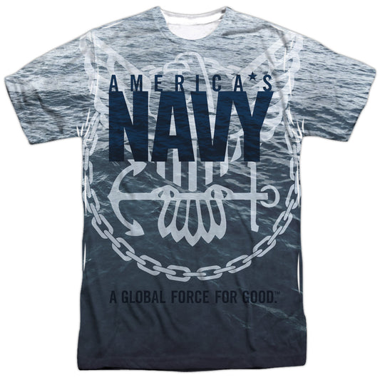 Navy - Force For Good - Short Sleeve Adult Poly Crew - White T-shirt