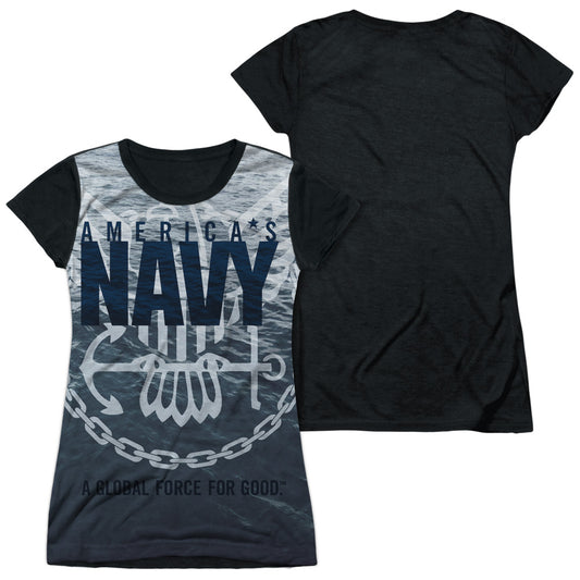 Navy - Force For Good - Short Sleeve Junior Poly Black Back - White T-shirt