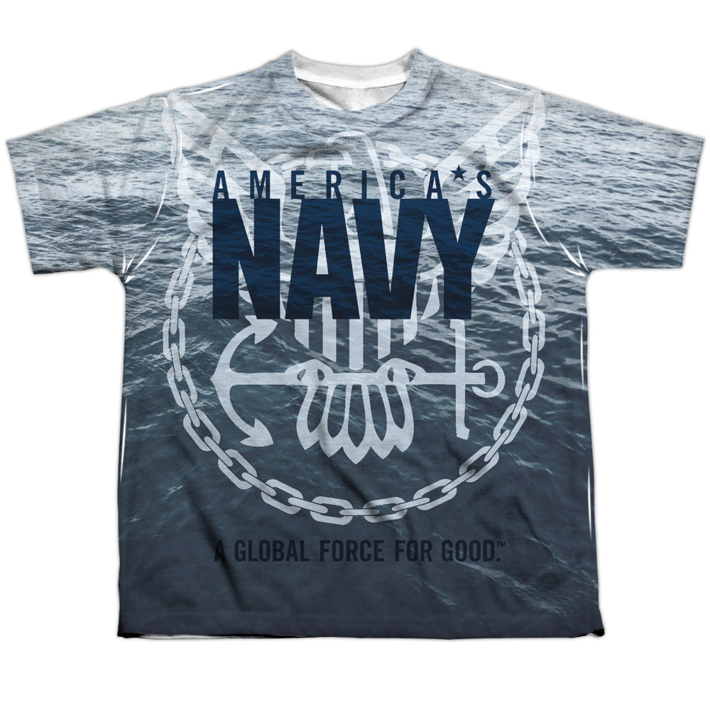 Navy - Force For Good - Short Sleeve Youth Poly Crew - White T-shirt