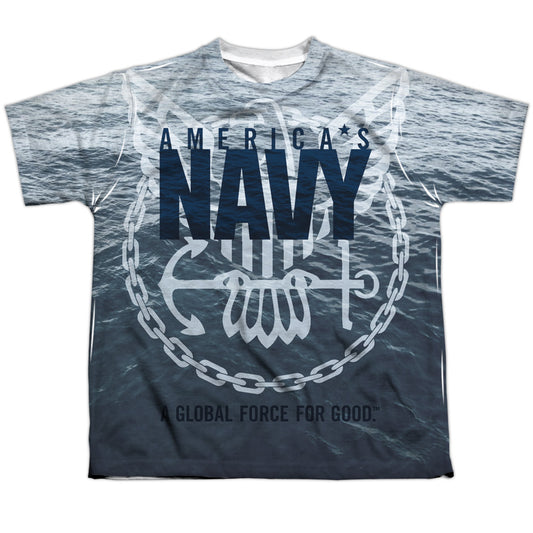Navy - Force For Good - Short Sleeve Youth Poly Crew - White T-shirt