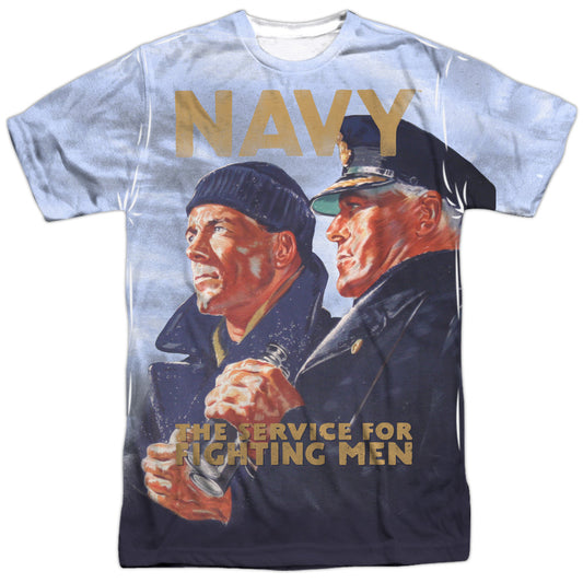 Navy - Long Gaze - Short Sleeve Adult Poly Crew - White T-shirt