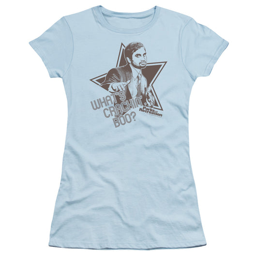 Parks And Rec - Whats Crackin Boo - Short Sleeve Junior Sheer - Light Blue T-shirt