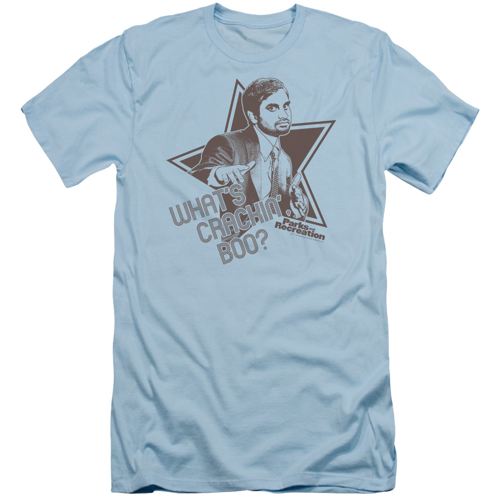 Parks And Rec - Whats Crackin Boo - Short Sleeve Adult 30/1 - Light Blue T-shirt