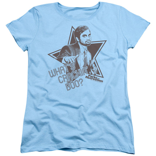 Parks And Rec - Whats Crackin Boo - Short Sleeve Womens Tee - Light Blue T-shirt