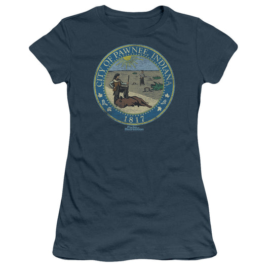 Parks And Rec - Distressed Pawnee Seal - Short Sleeve Junior Sheer - Indigo T-shirt