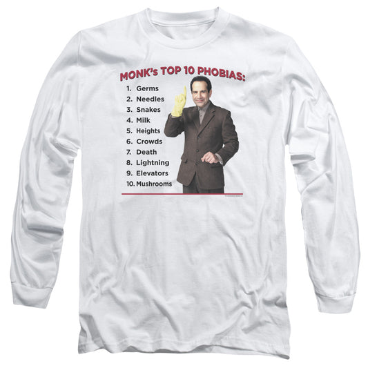 Monk - Top 10 Phobias - Long Sleeve Adult 18/1 - White T-shirt
