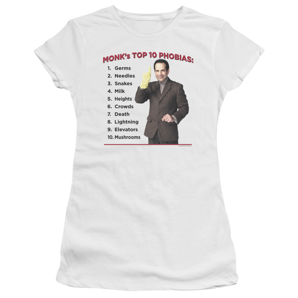 Monk - Top 10 Phobias - Short Sleeve Junior Sheer - White T-shirt