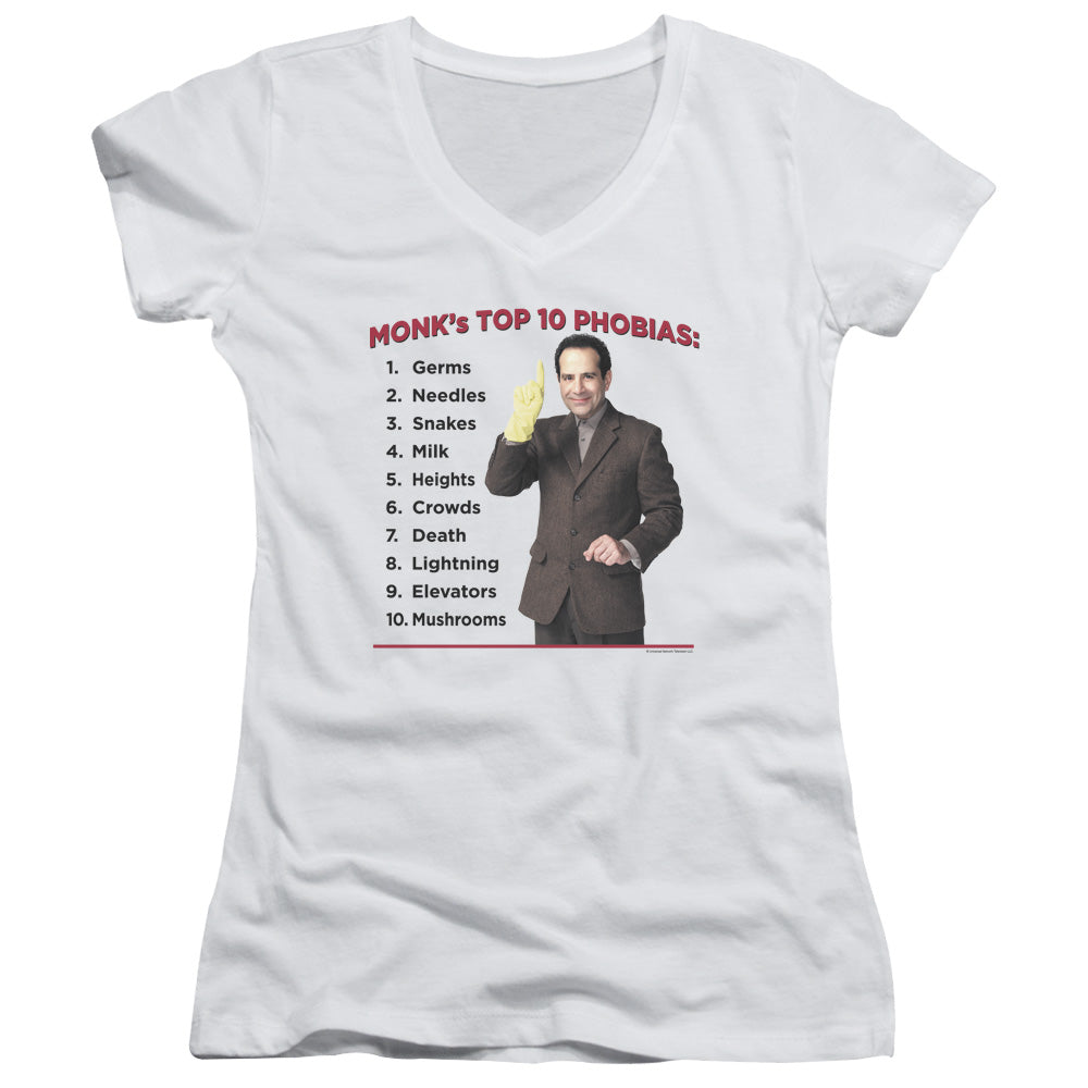 Monk - Top 10 Phobias - Junior V-neck - White