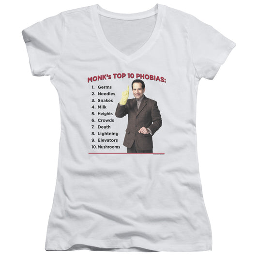Monk - Top 10 Phobias - Junior V-neck - White