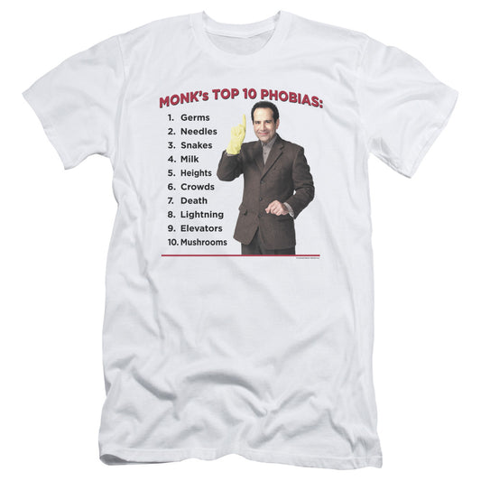 Monk - Top 10 Phobias - Short Sleeve Adult 30/1 - White T-shirt