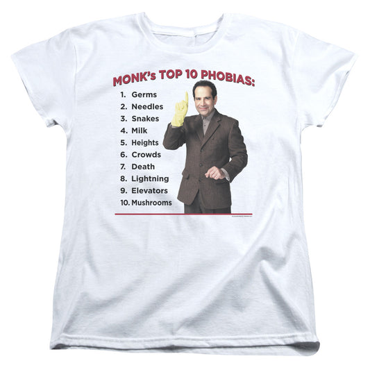 Monk - Top 10 Phobias - Short Sleeve Womens Tee - White T-shirt