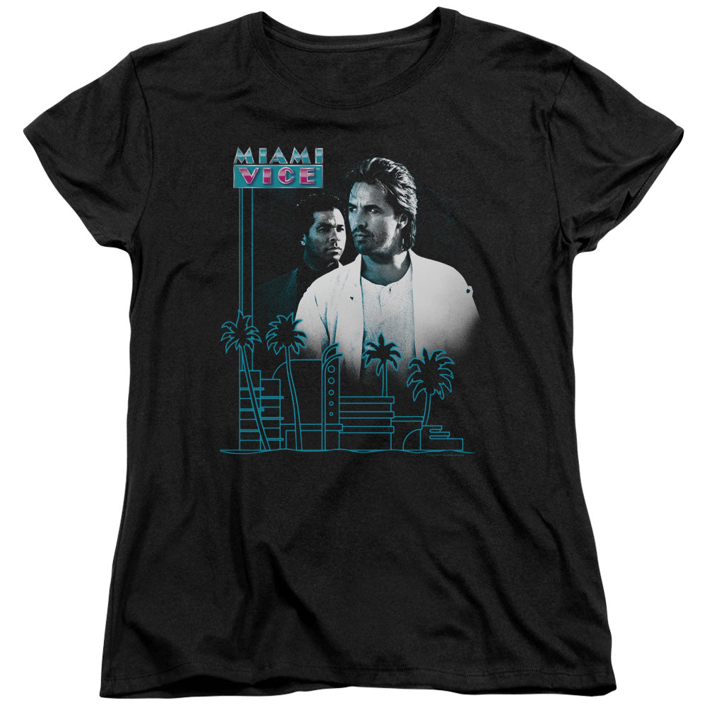 Miami Vice - Looking Out - Short Sleeve Womens Tee - Black T-shirt