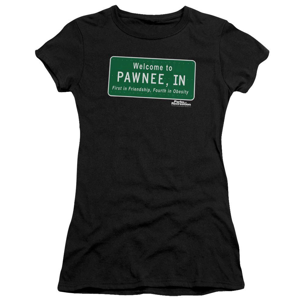 Parks And Rec - Pawnee Sign - Short Sleeve Junior Sheer - Black T-shirt