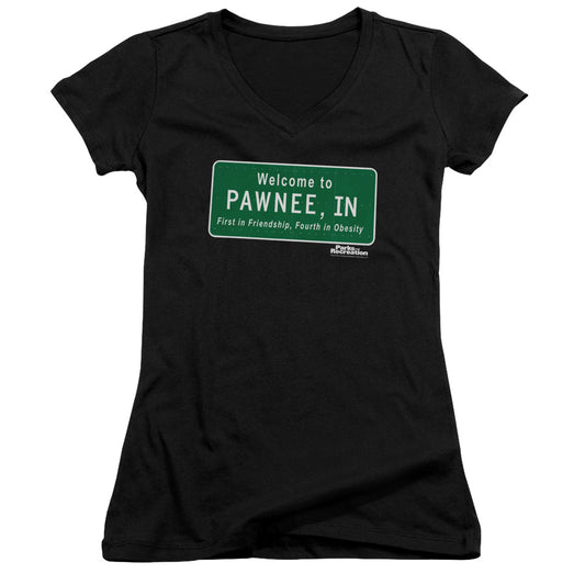 Parks And Rec Pawnee Sign - Junior V-neck - Black