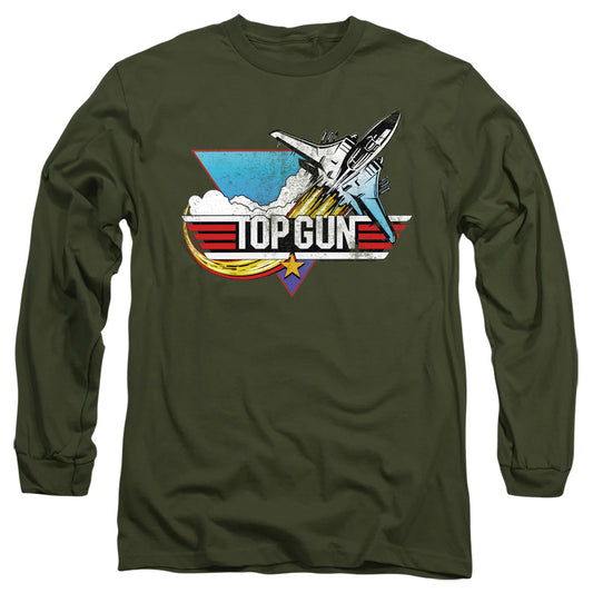 Top Gun - Distressed Logo - Long Sleeve Adult 18/1 - Military Green T-shirt