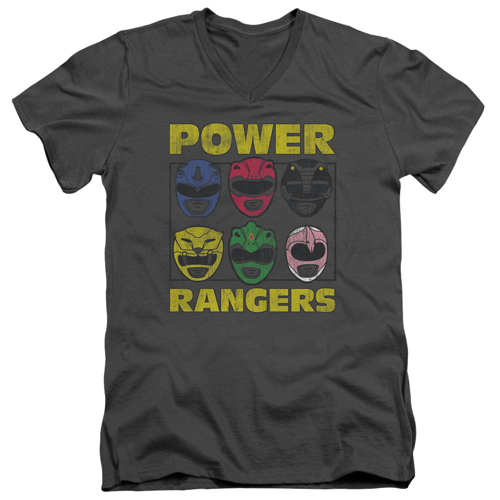 Power Rangers - Ranger Heads - Short Sleeve Adult V-neck 30/1 - Charcoal T-shirt