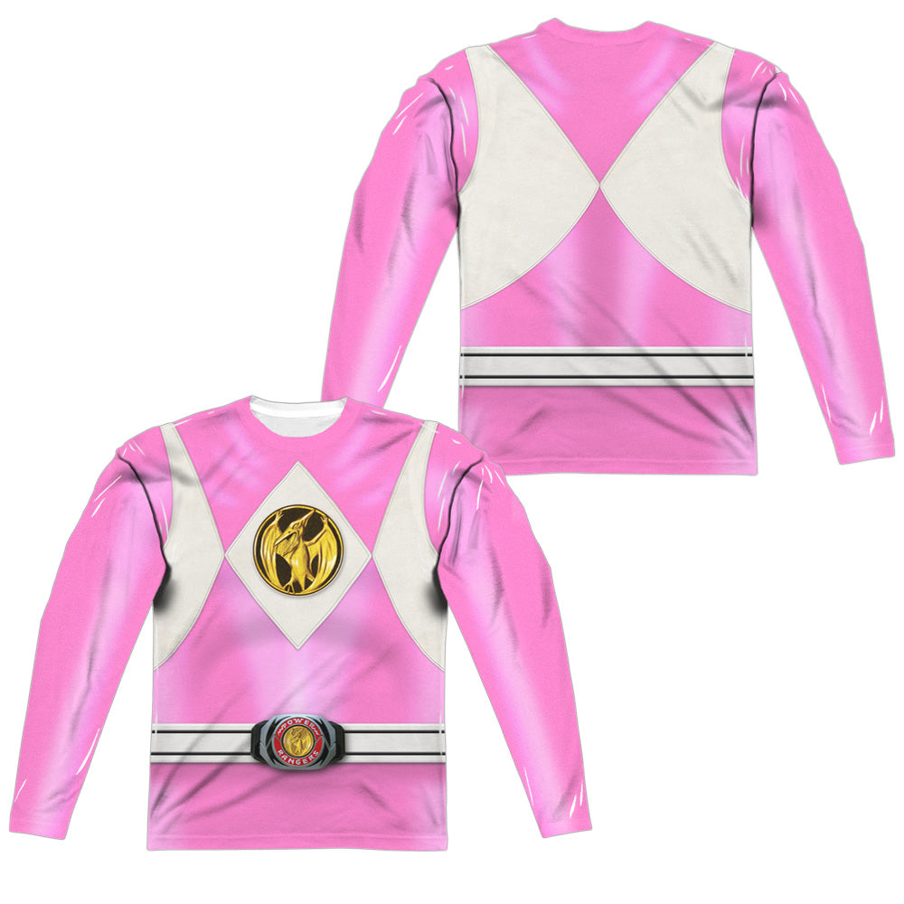 Power Rangers - Pink Ranger Emblem (Front/back Print) - Long Sleeve Adult Poly Crew  - White T-shirt