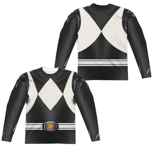 Power Rangers - Black Ranger (Front/back Print) - Long Sleeve Adult Poly Crew  - White T-shirt