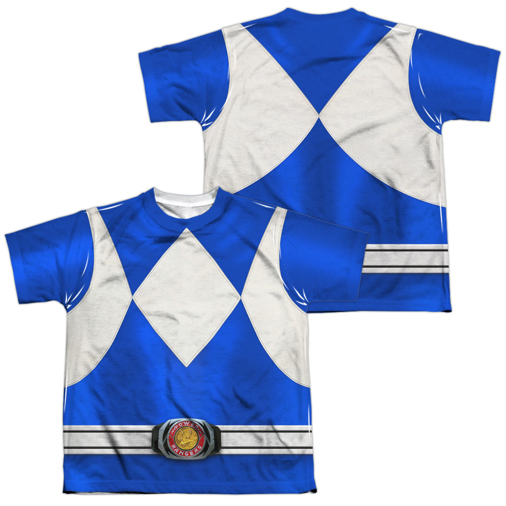 Power Rangers - Blue Ranger (Front/back Print) - Short Sleeve Youth Poly Crew - White T-shirt