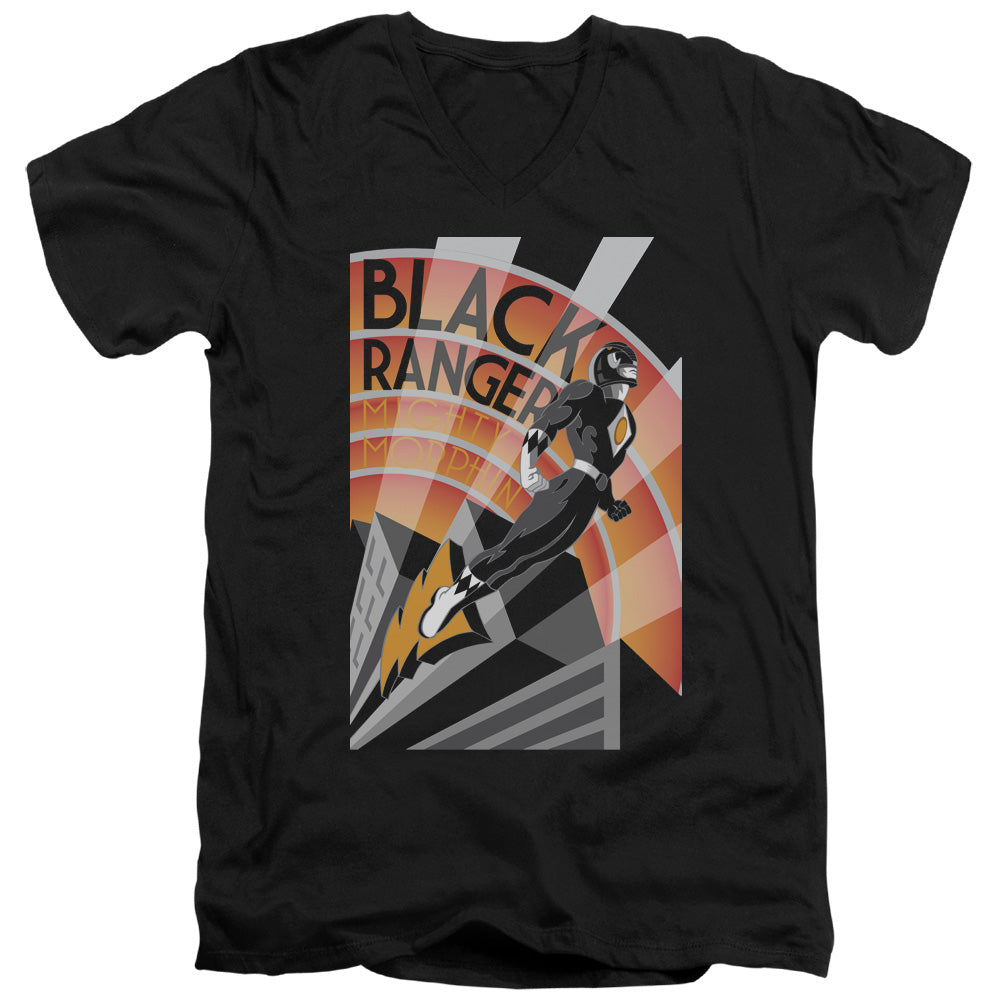 Power Rangers - Black Ranger Deco - Short Sleeve Adult V-neck 30/1 - Black T-shirt