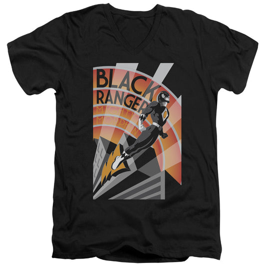 Power Rangers - Black Ranger Deco - Short Sleeve Adult V-neck 30/1 - Black T-shirt