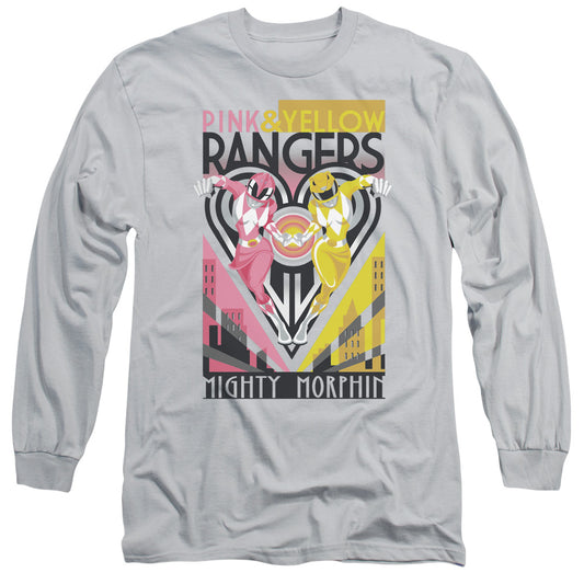 Power Rangers - Pink & Yellow Deco - Long Sleeve Adult 18/1 - Silver T-shirt