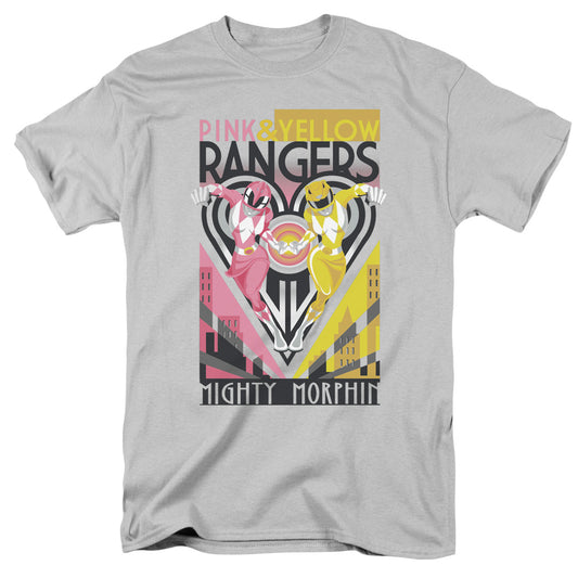 Power Rangers - Pink & Yellow Deco - Short Sleeve Adult 18/1 - Silver T-shirt