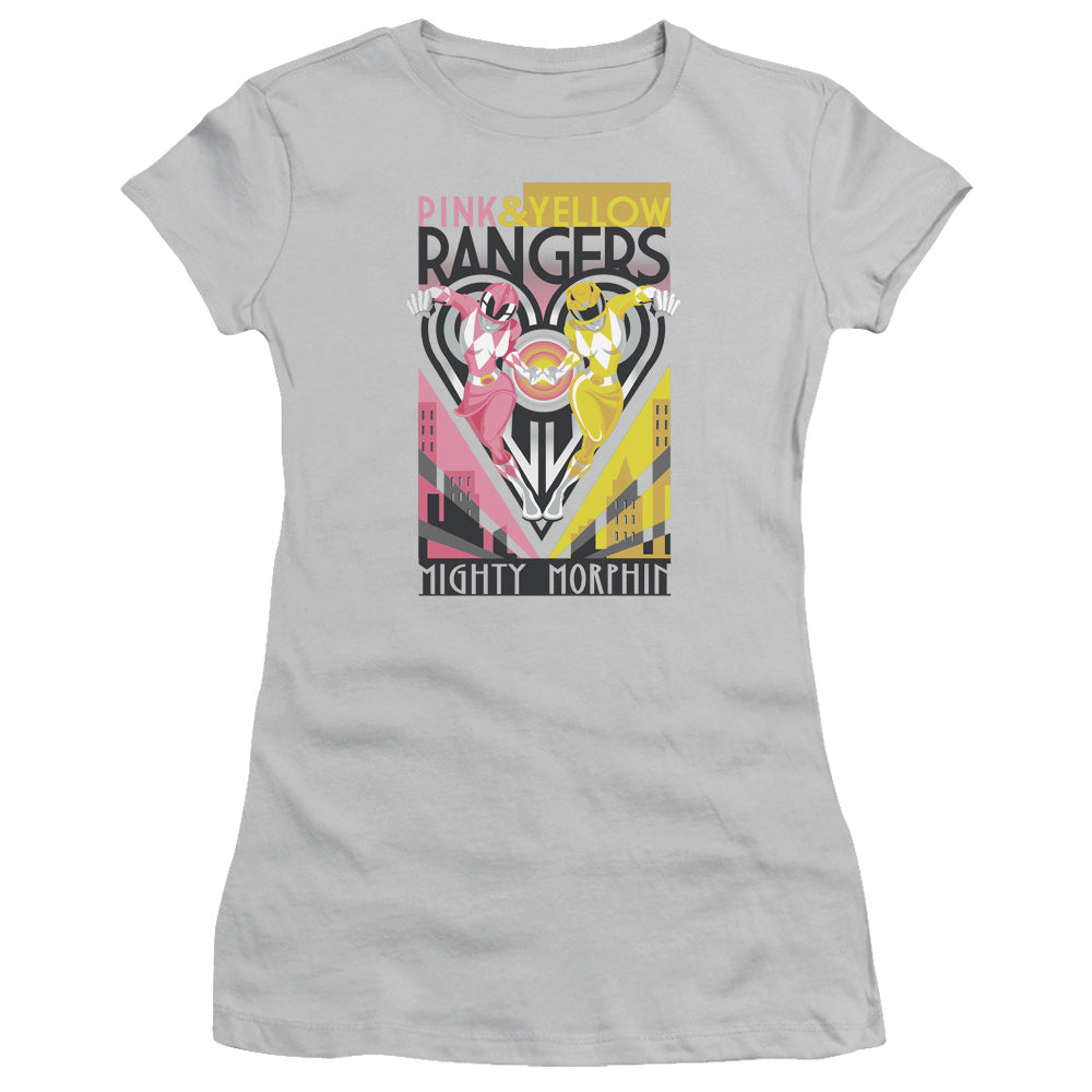 Power Rangers - Pink & Yellow Deco - Short Sleeve Junior Sheer - Silver T-shirt