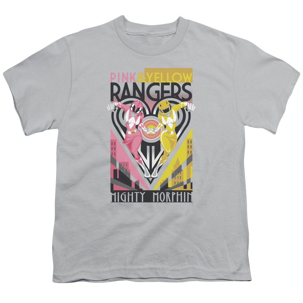 Power Rangers - Pink & Yellow Deco - Short Sleeve Youth 18/1 - Silver T-shirt