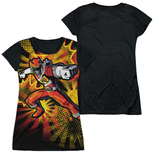 Power Rangers - Red Ranger Burst - Short Sleeve Junior Poly Black Back - White T-shirt