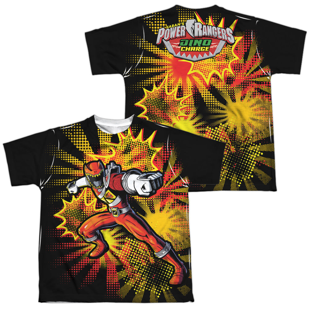 Power Rangers - Red Ranger Burst (Front/back Print) - Short Sleeve Youth Poly Crew - White T-shirt