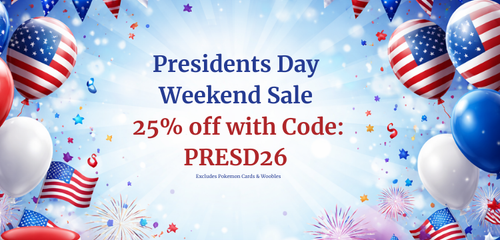 Promotional banner for Presidents Day Weekend Sale with balloons, American flags, and fireworks. 25% off with Code: PRESD26