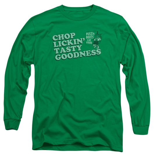 Puss N Boots - Chop Lickin Tasty Goodness - Long Sleeve Adult 18/1 - Kelly Green T-shirt